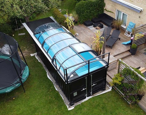 Piscina container 6,11 x 2,5 m pronta all'uso con tetto, Pacchetto Premium